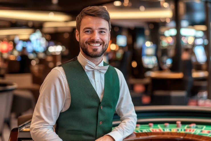 Dealer profesional memandu sesi Baccarat langsung di platform Live Casino
